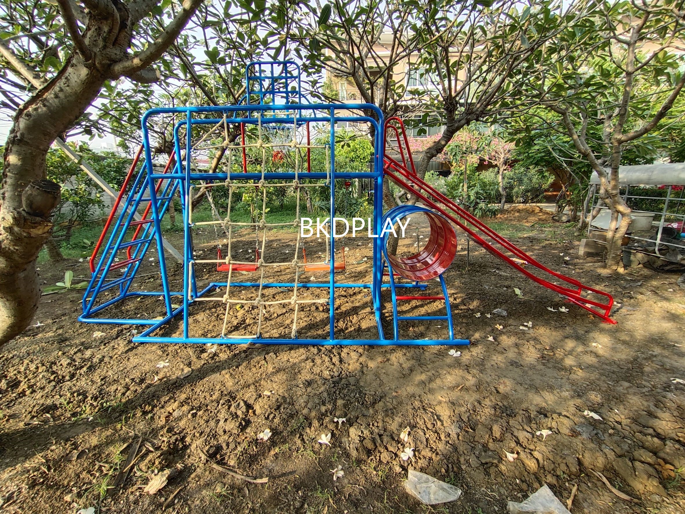ชุดรวม E เชือกถักใหญ่ ประกอบด้วยสไลเดอร์ชิงช้าปีนป่ายแป้นบาสและถังลอดถ้ำ กระดานลื่นเหล็ก เครื่องเล่นสนามกลางแจ้ง เครื่องเล่นสนามเหล็ก OutdoorPlayground,ผลิตเครื่องเล่นสนาม,เครื่องเล่นในสนามเด็กเล่น,เครื่องเล่นงบสพฐ.,ประชารัฐ, ราคาโรงงาน