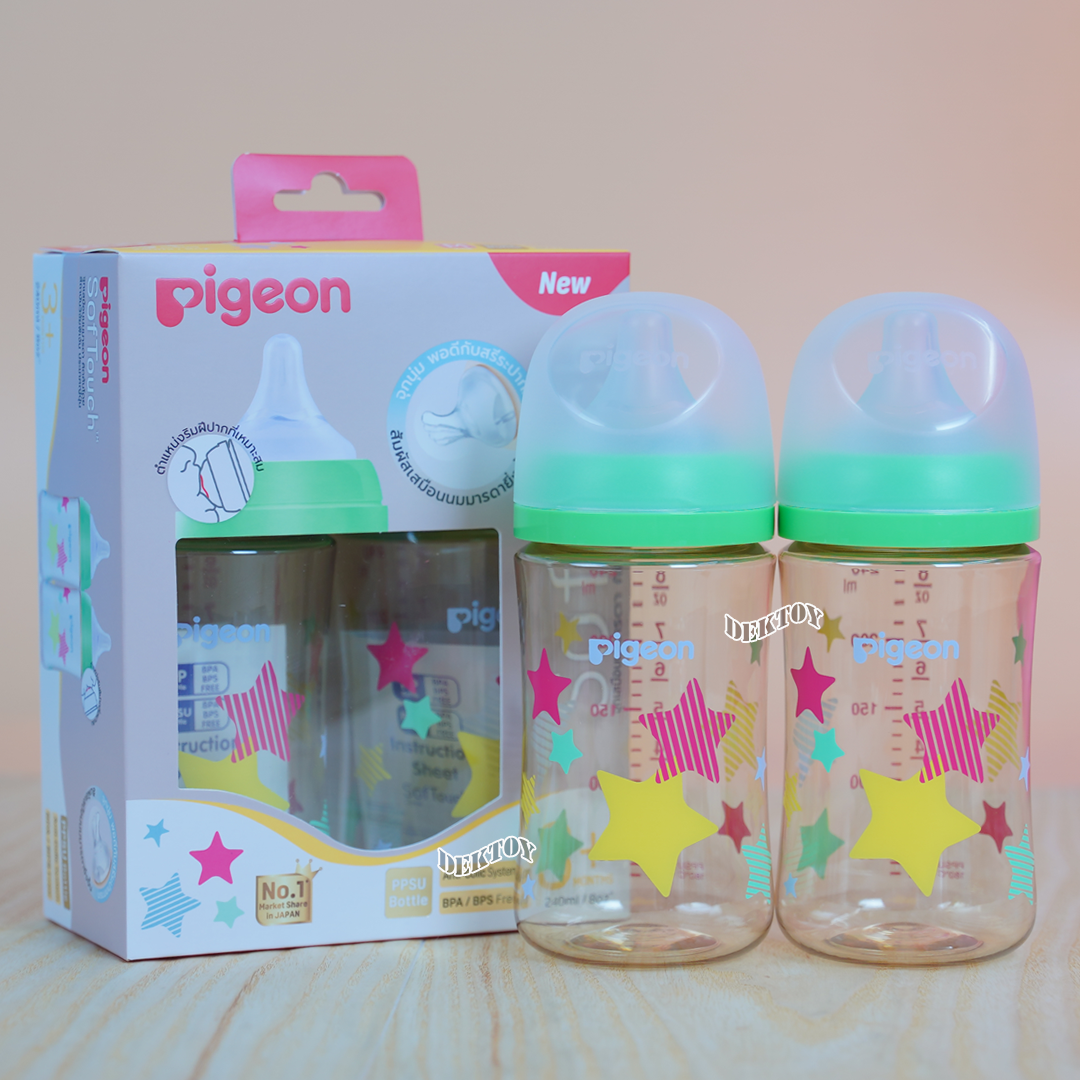 Pigeon พีเจ้น ขวดนมพีเจ้นสีชา PPSU 8 ออนซ์ 240 มล. คอกว้าง แพ็ค2ขวด ลายดาว