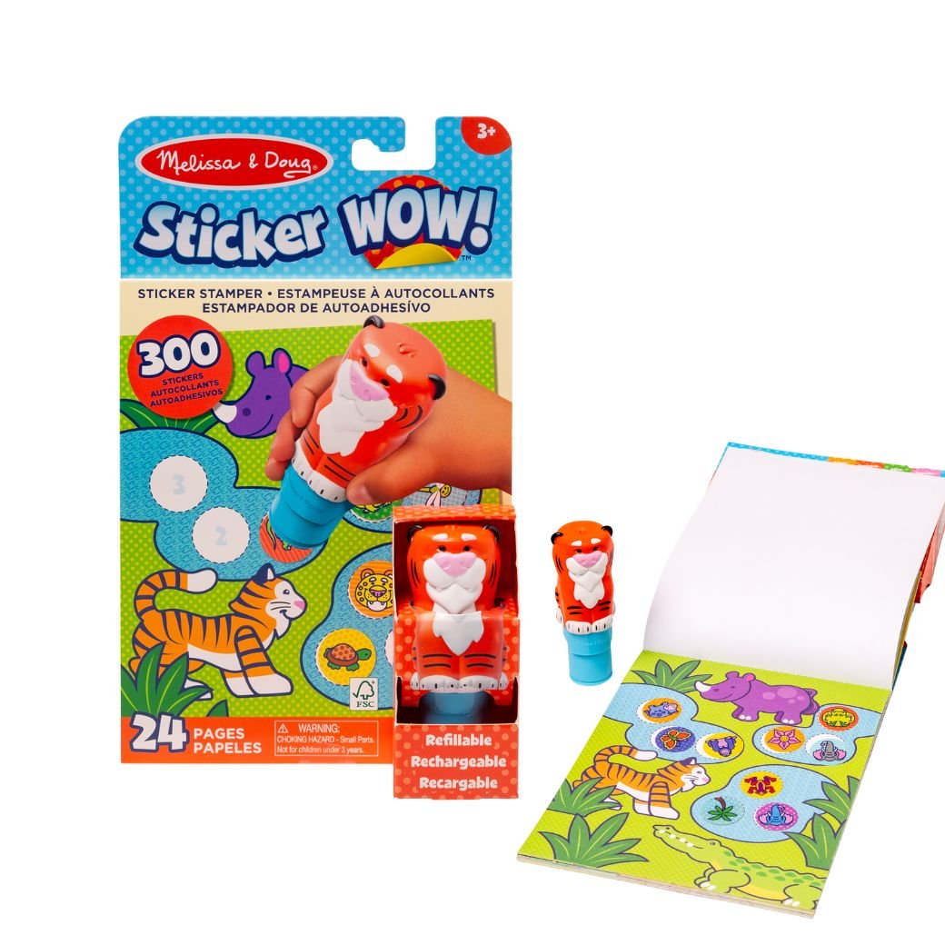 ของเล่นศิลปะ แผ่นกิจกรรมสติกเกอร์ WOW! ตัวปั๊ม สแต๊มปัสติกเกอร์ ตีมเสือ เล่นสนุก พกพาง่าย ส่งเสริมการมีสมาธิ การออกแบบ สร้างสรรค์จินตนาการ จาก USA อย่างดี ปลอดภัย100% ทนทาน Melissa & Doug Sticker WOW! Activity Pad & Sticker Stamper Tiger, ของเล่นเสริมพัฒน