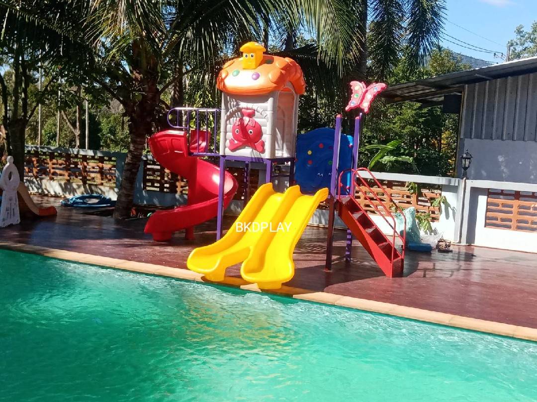 เครื่องเล่นสนาม ชุด บ้านผีเสื้อสไลด์วน สไลเดอร์, กระดานลื่น, ของเล่น, สนามเด็กเล่น ,ครุภัณฑ์สนามเด็กเล่น, สพฐ,โครงการโรงเรียนประชารัฐ