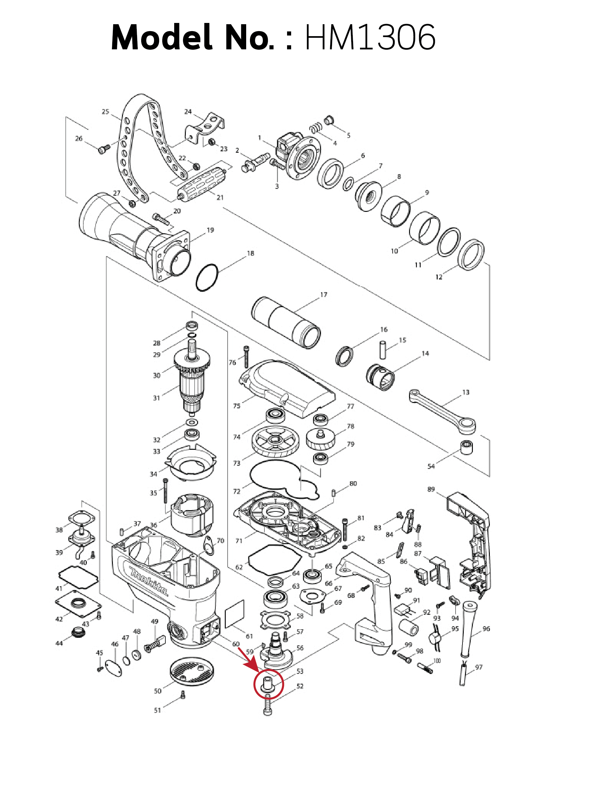 บูชข้อเหวี่ยง (แท้) สกัด Makita มากีต้า รุ่น HM1306 #53 (331792-3) (อะไหล่แท้100%) CRANK SLEEVE