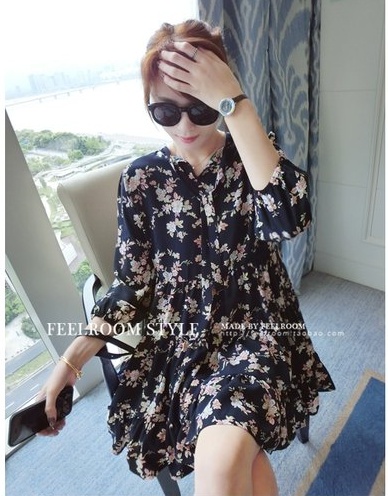 เดรสแฟชั่นเกาหลี ผ้านิ่มพิมพ์ลายดอกตามแบบ