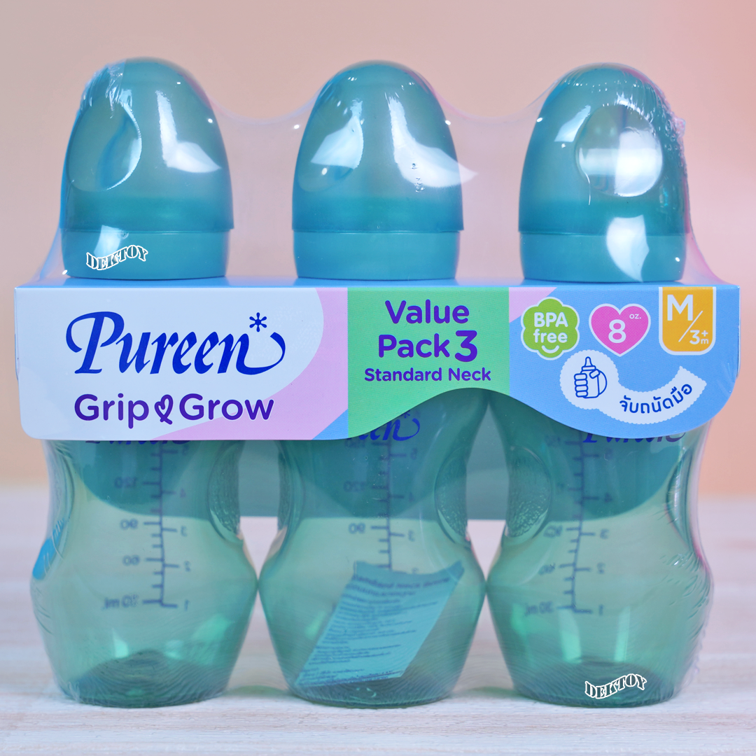 Pureen ขวดนมเพียวรีนจับถนัดมือ PPคอมาตรฐานแพ็ค3ขวดจุกนุ่มAnti-colic Grip grow