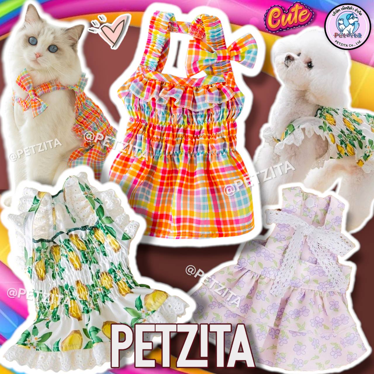 🇹🇭พร้อมส่ง🇹🇭 เดรสลายน่ารัก ผ้าใส่สบาย 💗 for pet เสื้อสุนัข ชุดหมา ชุดแมว