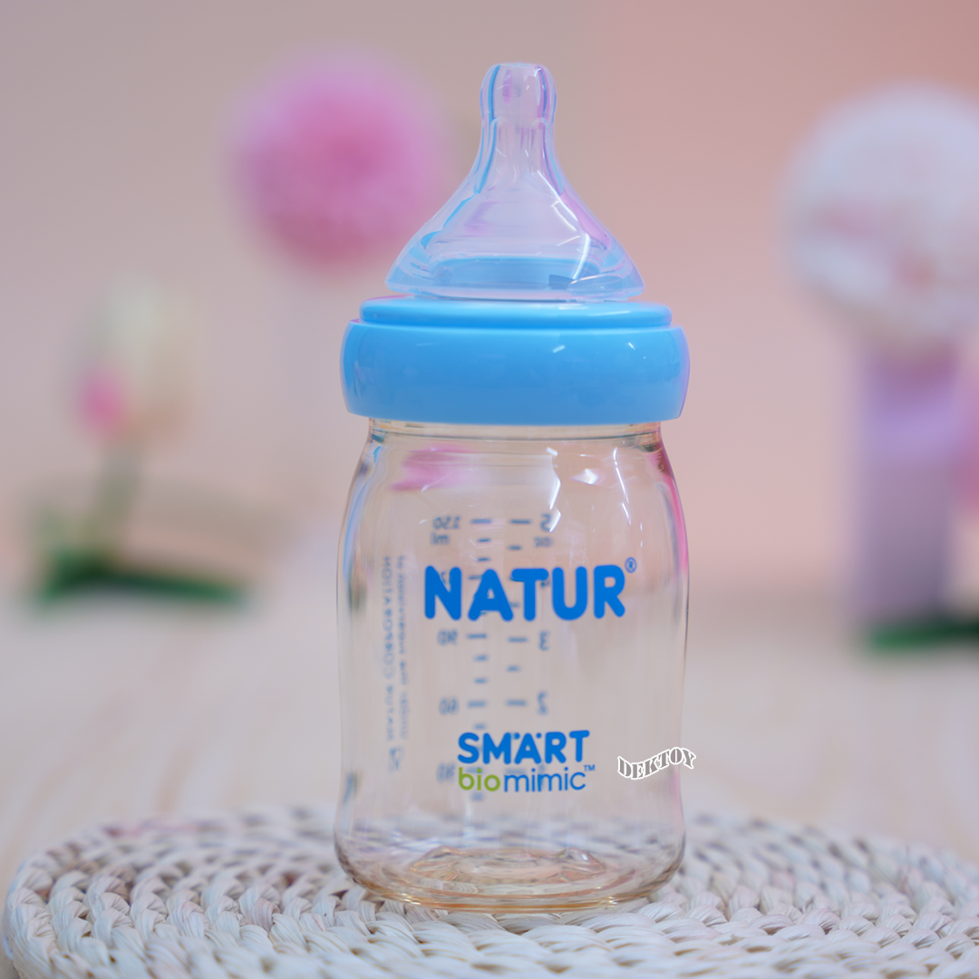 NEW-Natur เนเจอร์ ขวดนมเนเจอร์ไม่ดูด ไม่ไหล คอกว้างสมาร์ทไบโอมิมิคสีชาPES 5 ออนซ์