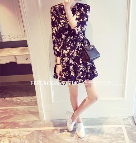 เดรสแฟชั่นเกาหลี ผ้านิ่มพิมพ์ลายดอกตามแบบ