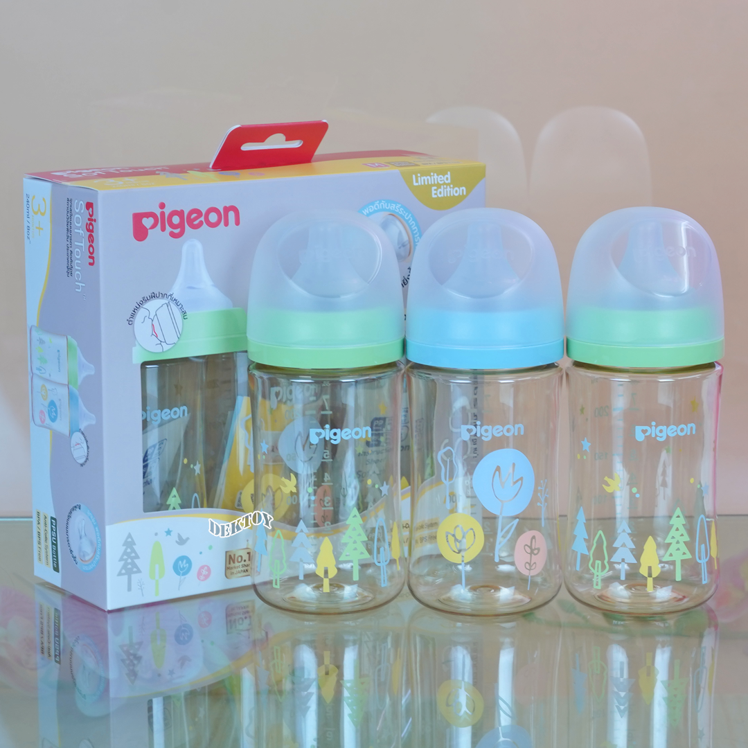 Pigeon พีเจ้น ขวดนมสีชา 8 ออนซ์.+ จุกซอฟท์ทัช พลัส M แพค3ขวด ลาย Natural