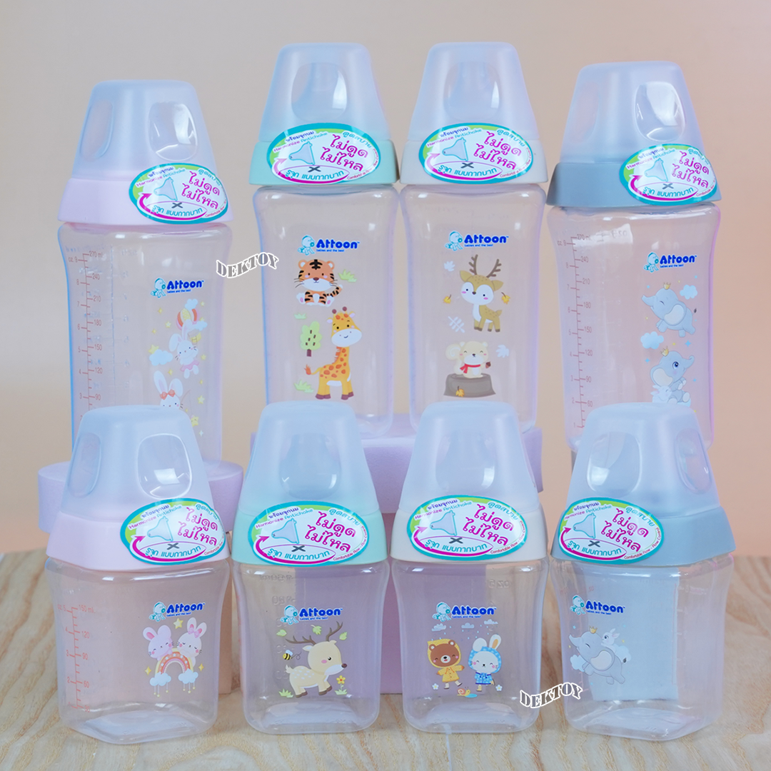 ขวดนมแอทตูน PP คอกว้าง ขนาด 5 และ 9 ออนซ์ มาพร้อมกับจุก หนา นุ่ม ไม่ดูดไม่ไหล