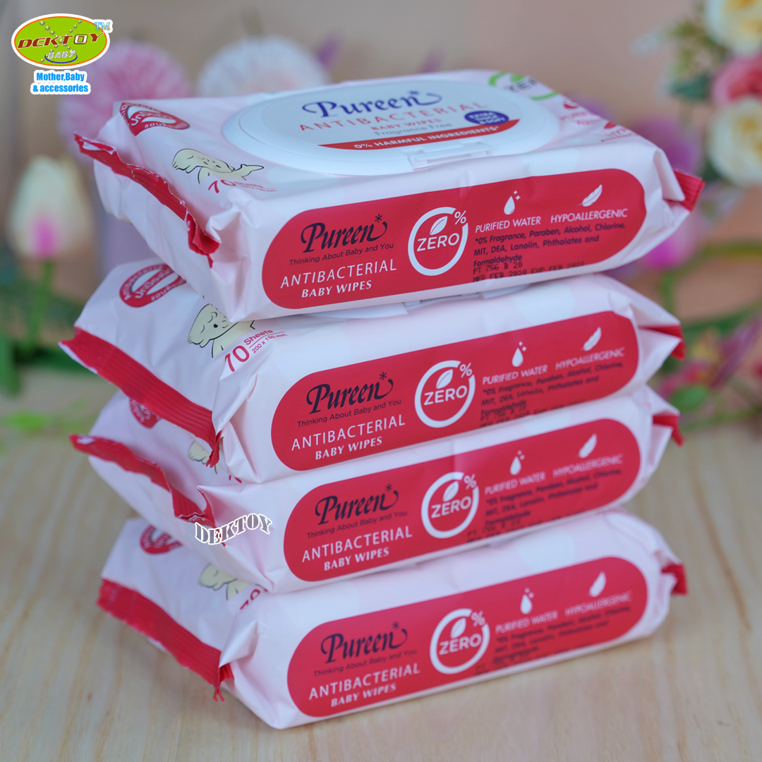 4ห่อ Pureen เพียวรีน ทิชชู่เปียก เบบี้ไวพส์ แอนตี้แบคทีเรียล 70 ชิ้น