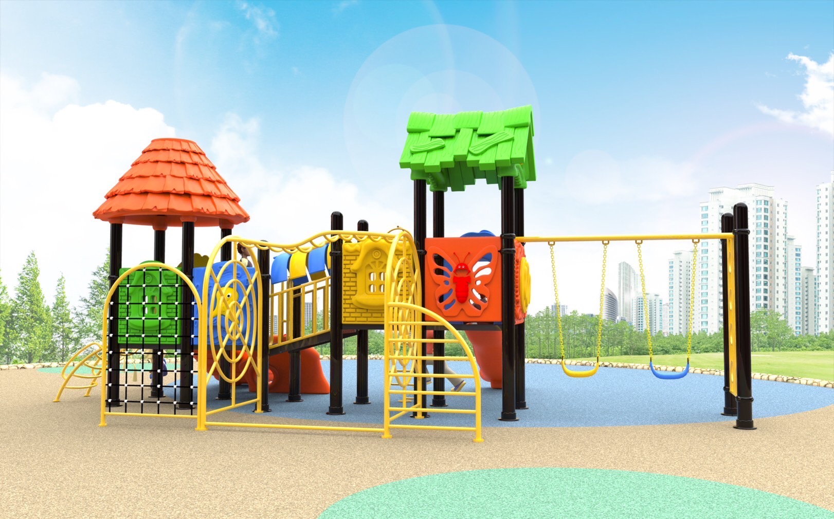 เครื่องเล่นสนามกลางแจ้ง -ในร่ม, ชุดบ้านแฝดเล่นรวม, สไลเดอร์พร้อมชิงช้าปีนป่าย เครื่องเล่นสนามปฐมวัย,ครุภัณฑ์สนามเด็กเล่น, สพฐ,โครงการโรงเรียนประชารัฐ playground,สไลเดอร์,ของเล่นเสริมพัฒนาการ,เครื่องเล่นสนาม, สนามเด็กเล่น