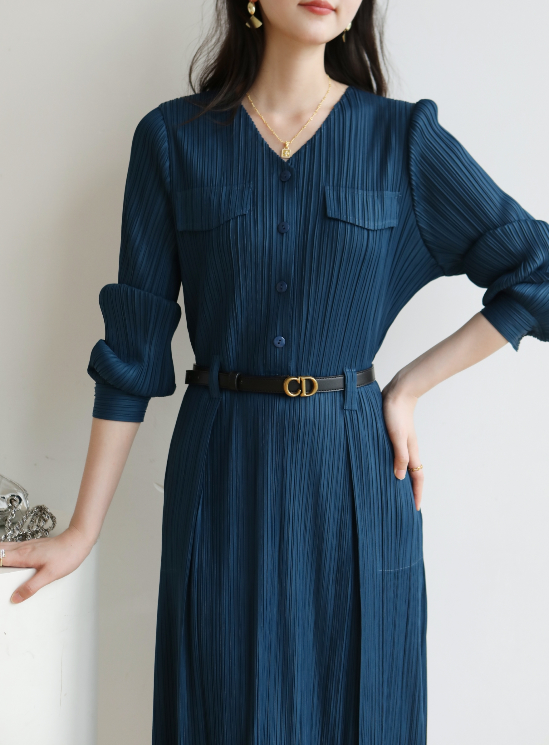2MUAY รุ่น GJO1135 เดรสพลีทคุณภาพ V NECK LONG SLEEVE PLEATED DRESS 8 สี FREE SIZE