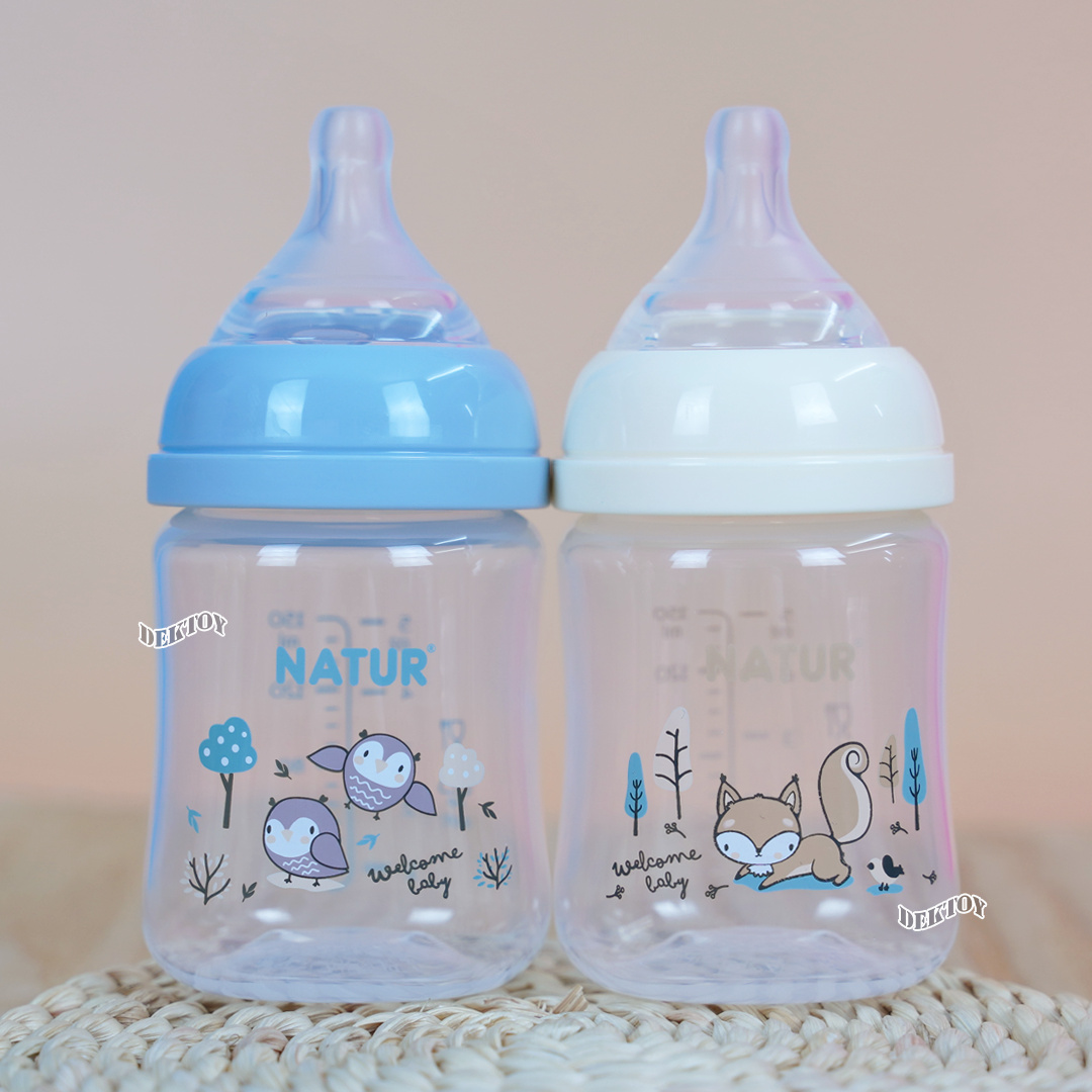 Natur infinit one size ขวดนมเนเจอร์อินฟินิท คอกว้าง PES สีชา และ PP 5 และ 9 ออนซ์ จุกนมไม่ดูดไม่ไหล 0-18 เดือน