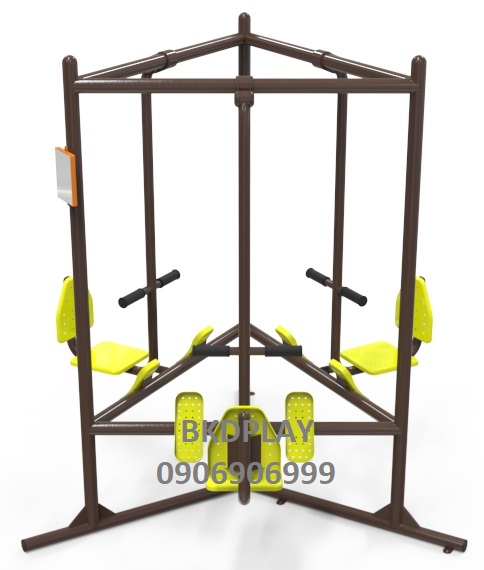 เครื่องออกกำลังกายกลางแจ้งผู้ใหญ่,บริหารขา-เข่า-น่อง (แบบขาดันยกตัว 3 ที่) ,ลานกีฬาอเนกประสงค์ ,สวนสาธารณะ ,เทศบาล ,หมู่บ้าน ,ผลิตในไทย ,สั่งทำตามสีที่ต้องการได้ ขนาด 160 x 160 x170 ซม.