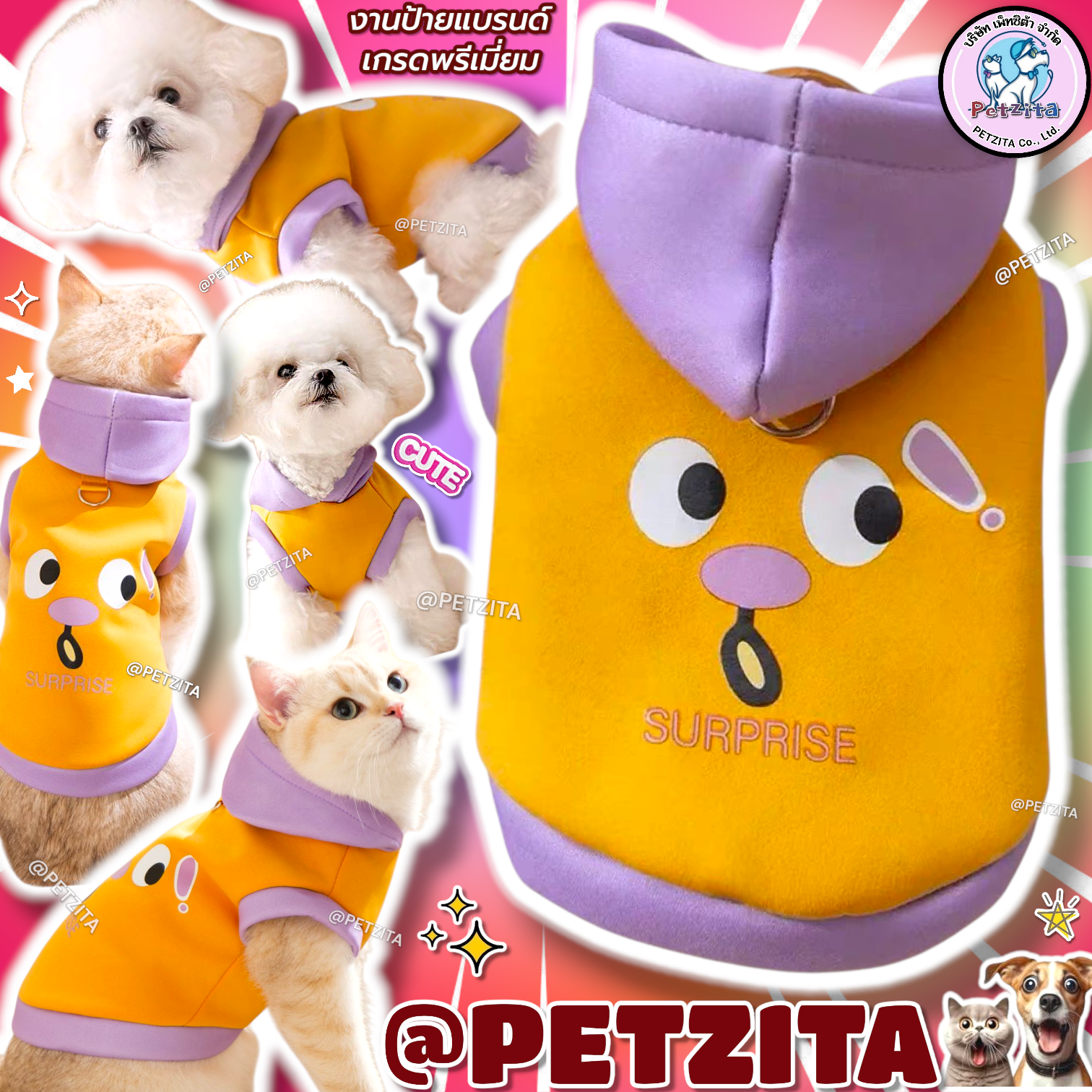 🇹🇭พร้อมส่ง🇹🇭✡️🟡 เสื้อฮู้ดสุดน่ารัก สีเหลืองหมวกม่วงลายหน้าเซอร์ไพร์ส งานแบรนด์ for สุนัข หมา แมว สัตว์เลี้ยง