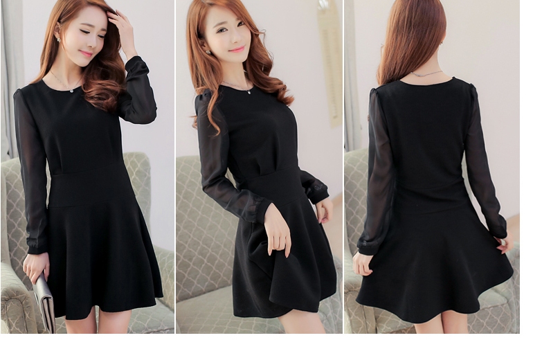 เดรสสีดำ ผ้ายืดหยุ่นเนื้อดี ช่วงแขนตัดต่อผ้าชีฟอง งานตามแบบ สีดำ