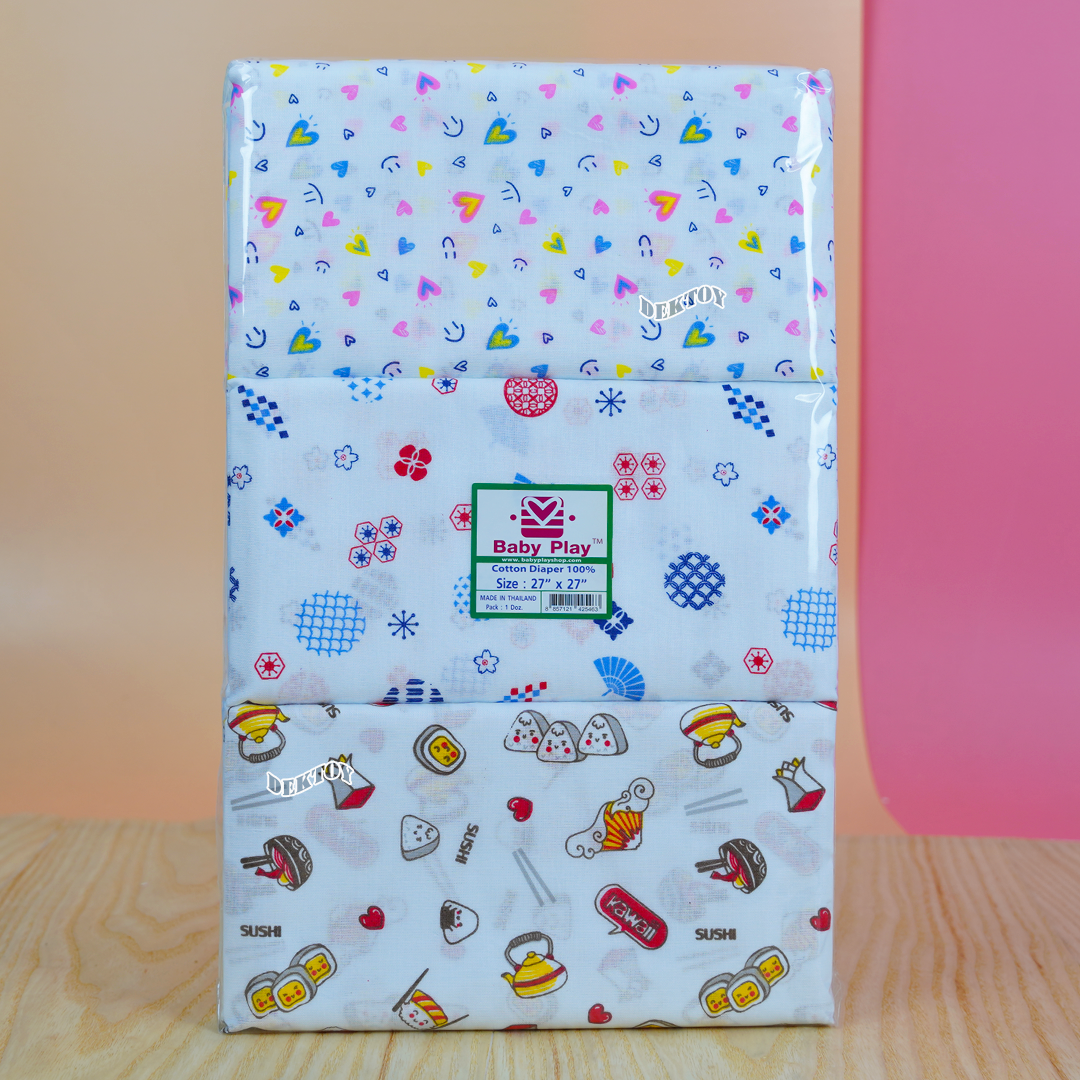 Babyplay เบบี้เพลย์ ผ้าอ้อมสาลู2ชั้นเกรดA แพ็ค12ผืน ลายหัวใจ