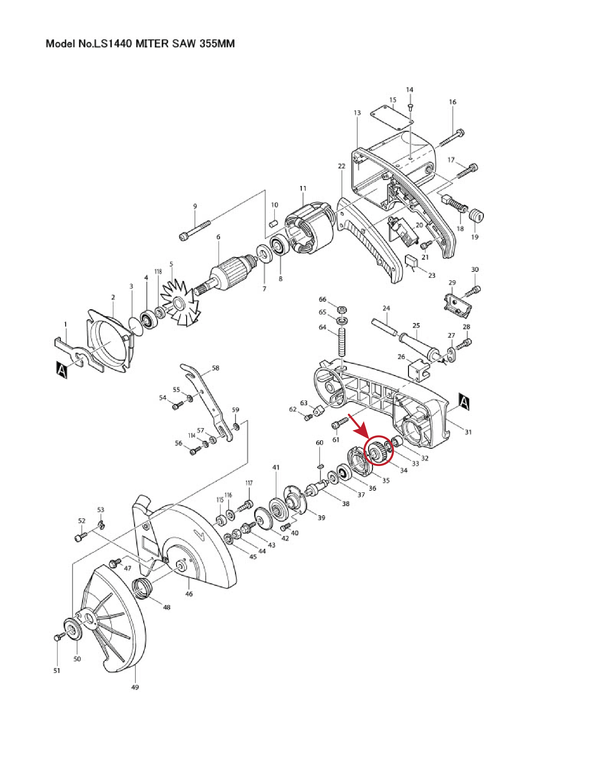 เฟือง (แท้) แท่นตัดองศา Makita มากีต้า รุ่น LS1440 #34 (226411-3) (อะไหล่แท้100%) GEAR เฟือง41