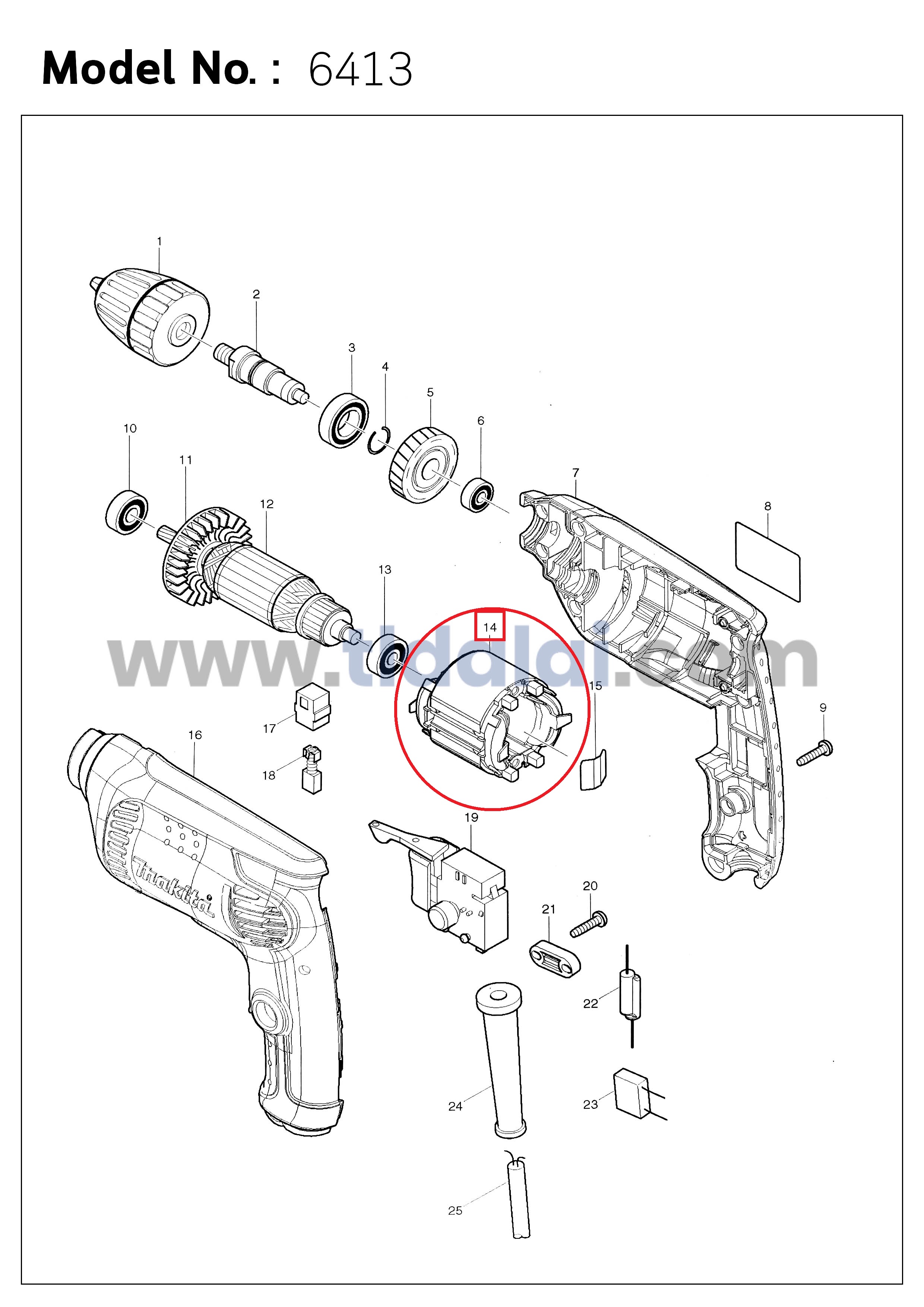 ฟิลคอยล์ สว่าน Maktec มาคเทค (C) รุ่น MT602, MT603, MT606, MT607, MT60, MT817 - Makita มากีต้า รุ่น 6412, 6413, M6001B, M0600B, M06002B, M8103B (ทุกรุ่นใช้ฟืลคอยล์ตัวเดียวกัน) อะไหล่สว่าน