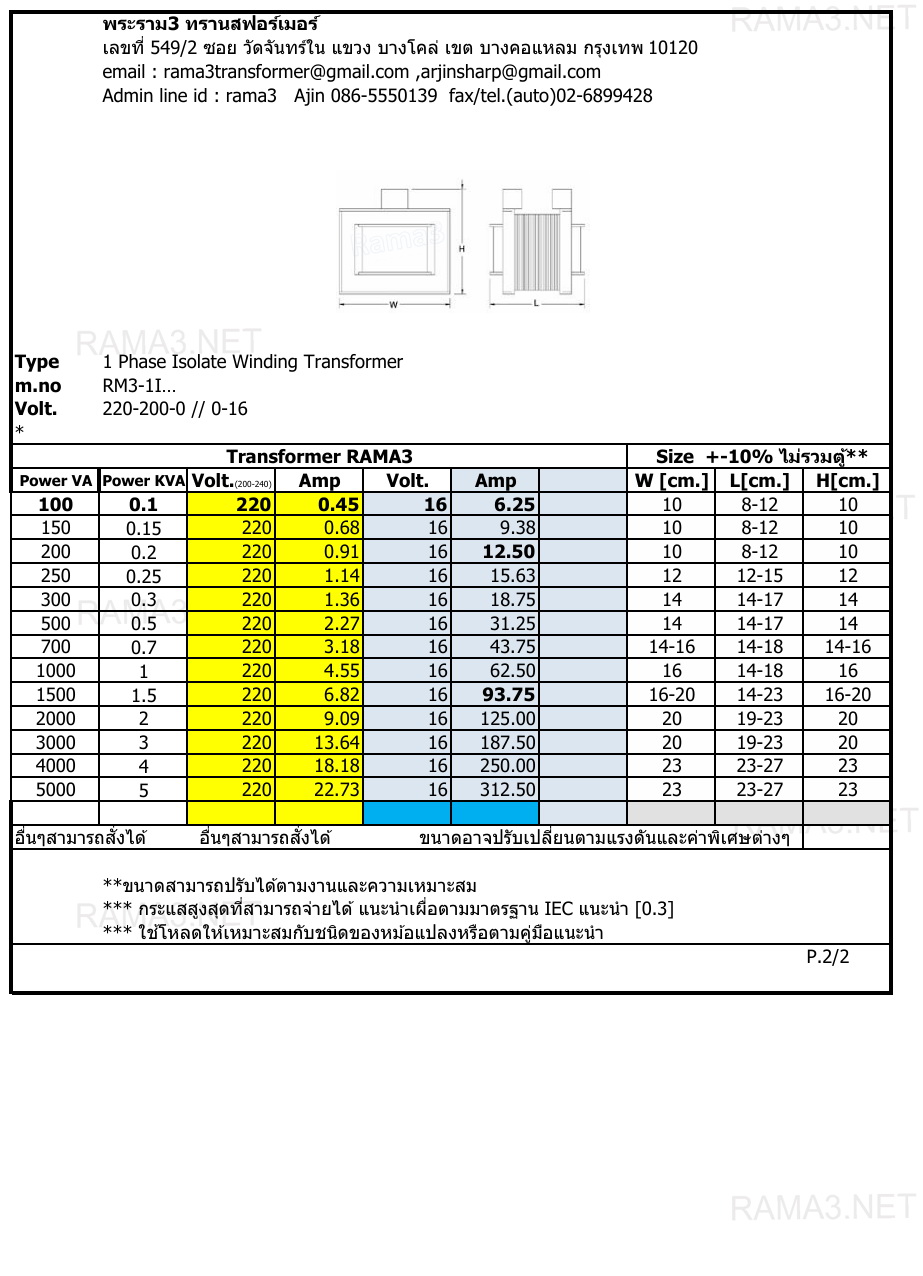 0-200v-220v // 0-16v + E หม้อแปลง 1 เฟส แบบแยกขด (isolate) RM3-1I...