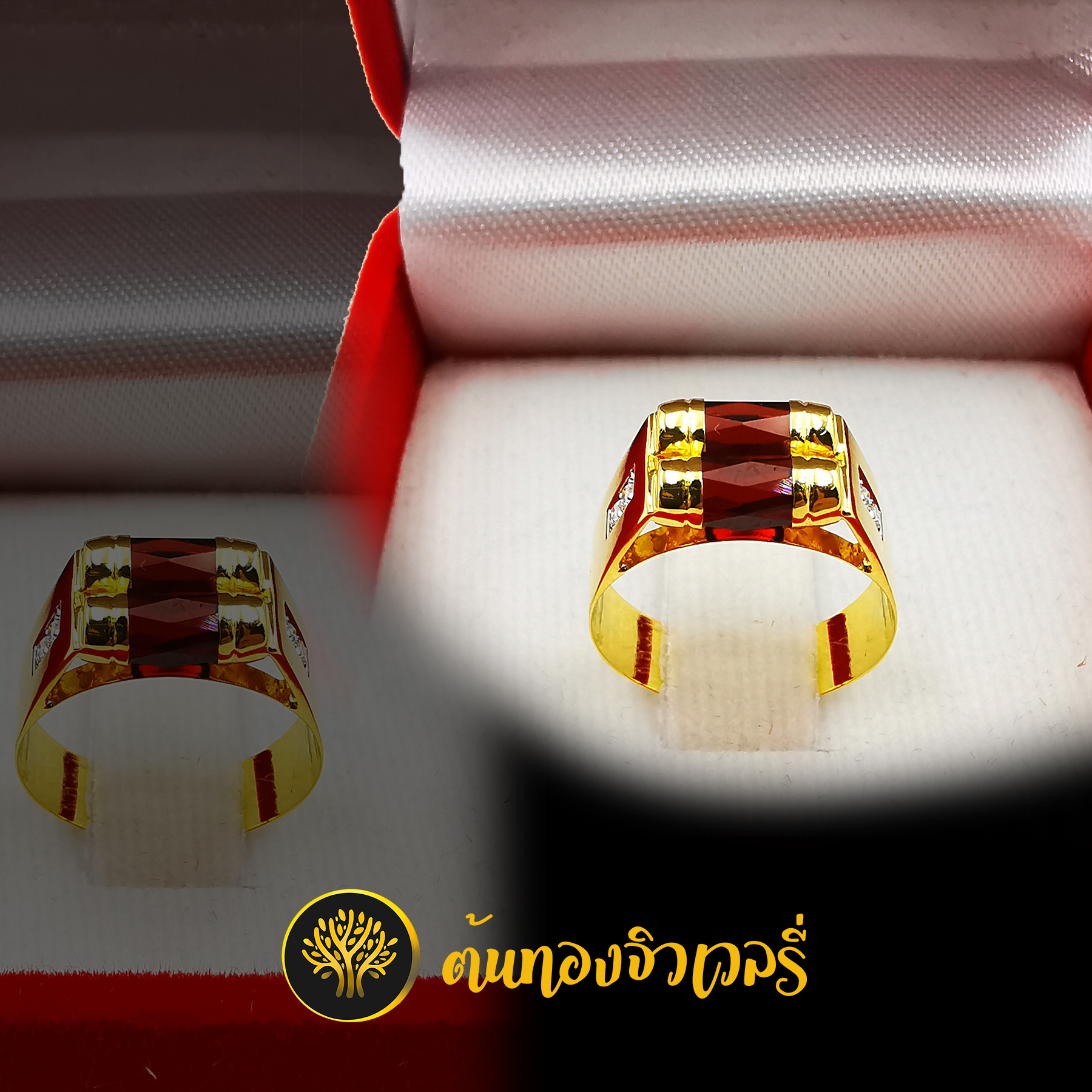 แหวนโกเมน2เม็ด ข้างฝังเพชร