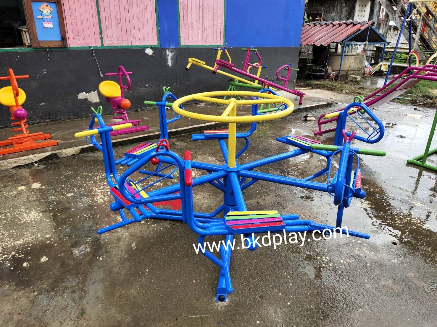 เครื่องเล่นสนาม กลางแจ้ง เหล็ก,ม้าหมุน 6 ที่ ปรับโครงสร้างตาม มอก. Outdoor Playground, ราคาโรงงาน สินค้าสั่งผลิต 10-20 วัน