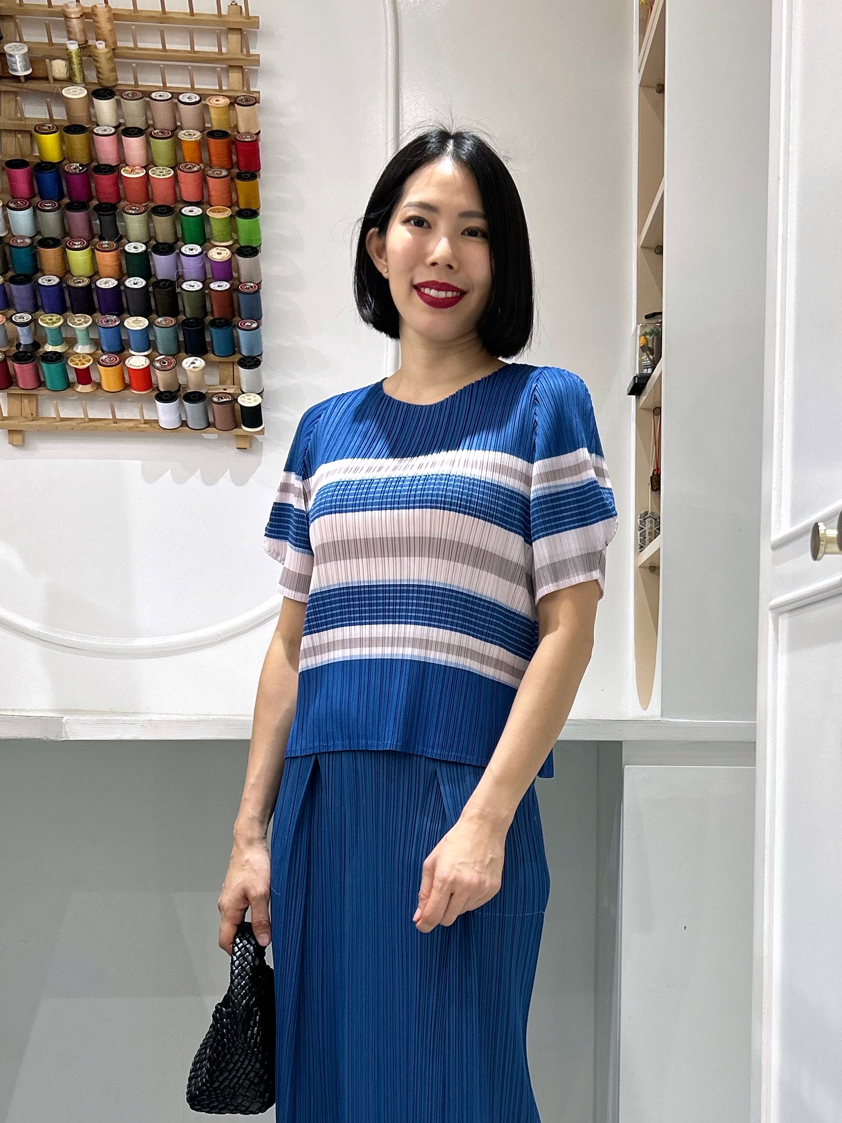 2MUAY รุ่น GJO10284 เสื้ออัดพลีท BABY DOLL SLEEVE STRIPE PRINTED PLEATED TOP 6สี FREE SIZE