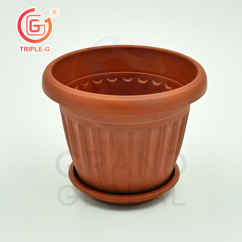 Triple-G กระถางต้นไม้ พร้อม จานรอง ถาดรอง กระถางดอกไม้ กระถาง พลาสติก ทรงกลม สีอิฐ