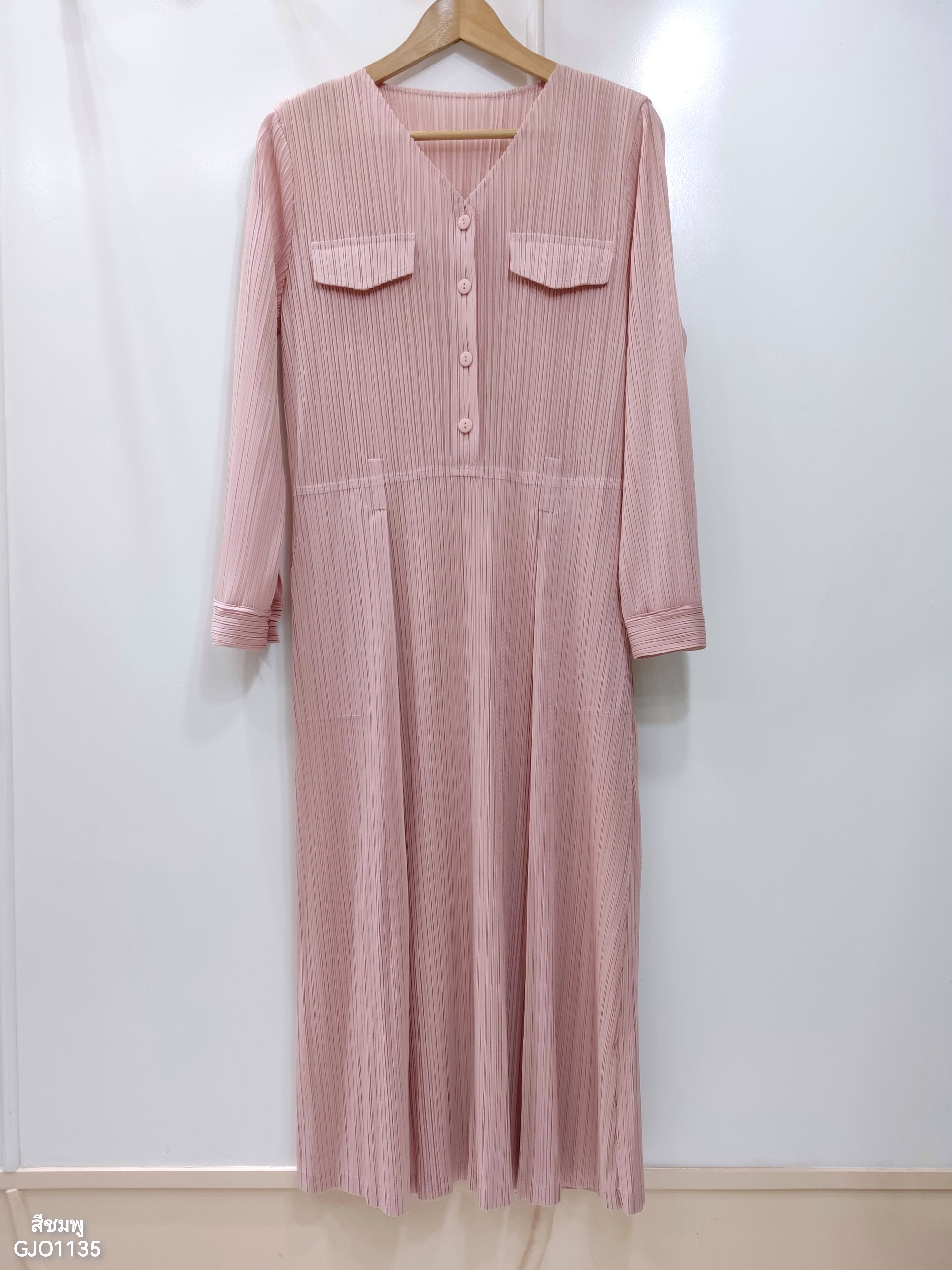 2MUAY รุ่น GJO1135 เดรสพลีทคุณภาพ V NECK LONG SLEEVE PLEATED DRESS 8 สี FREE SIZE