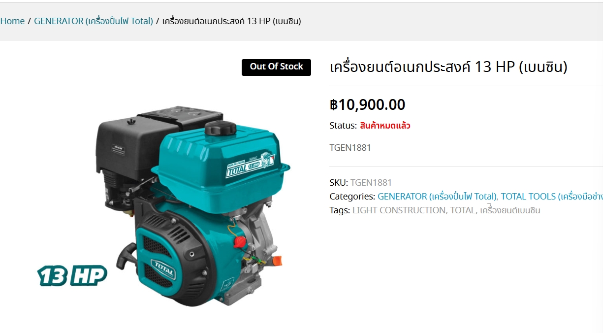 Total เครื่องยนต์อเนกประสงค์ 13HP รุ่น TGEN 1881 (เบนซิน) เครื่องยนต์ 4 จังหวะ