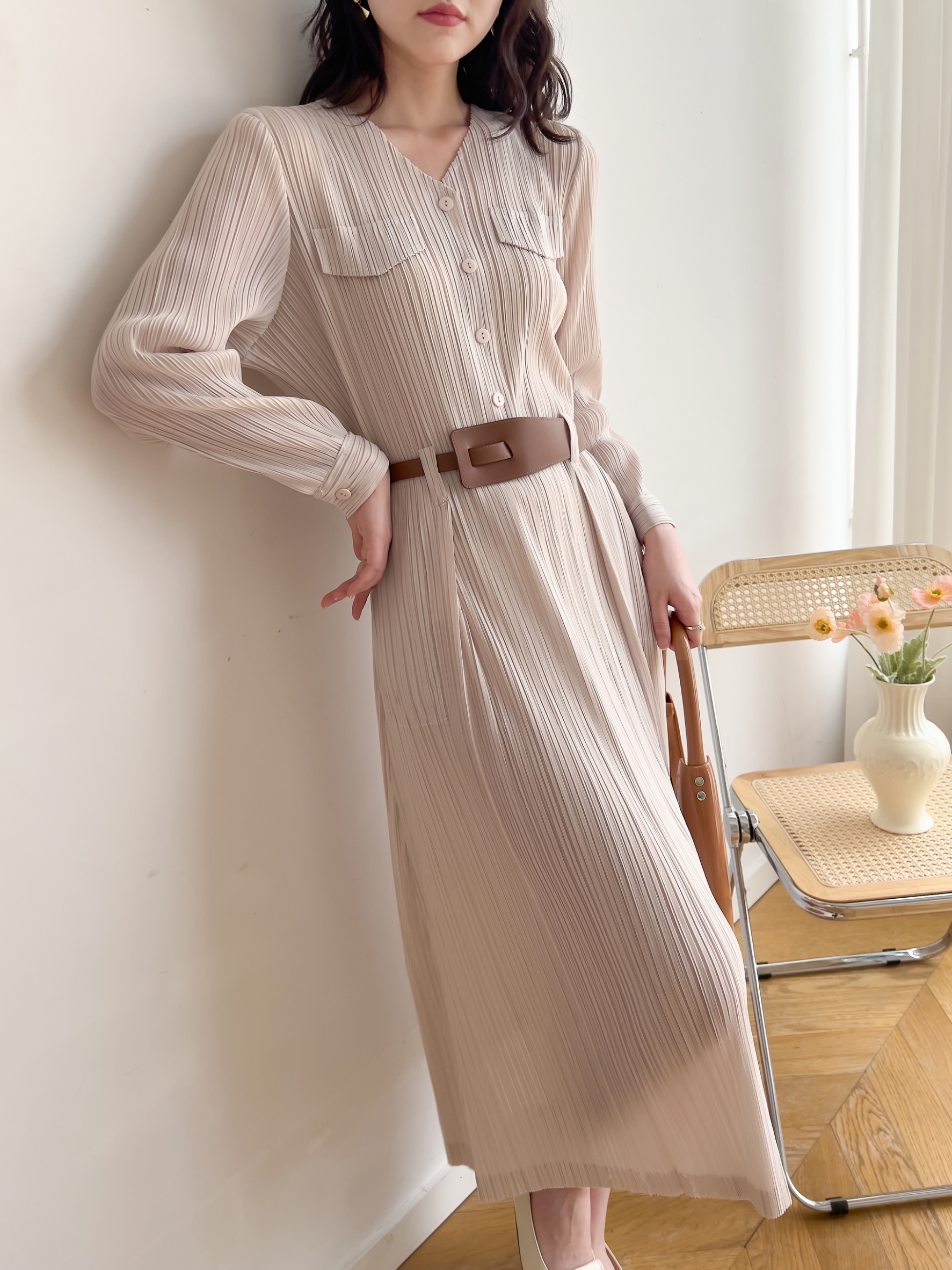 2MUAY รุ่น GJO1135 เดรสพลีทคุณภาพ V NECK LONG SLEEVE PLEATED DRESS 8 สี FREE SIZE