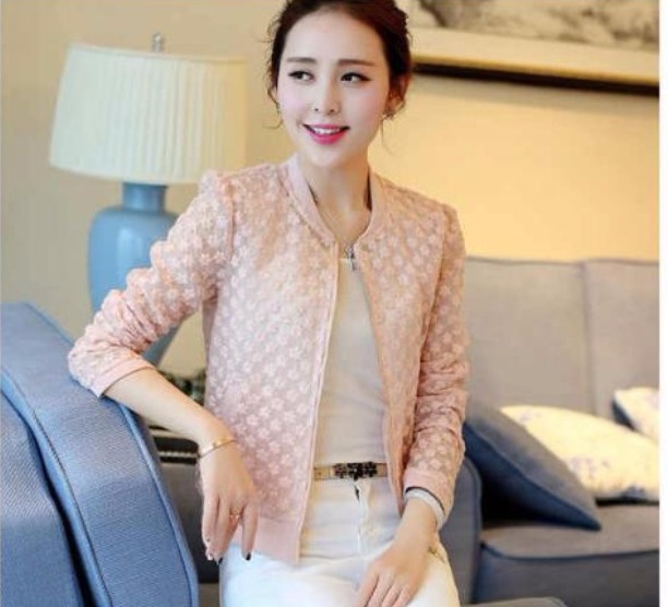 เสื้อแจ็คเก็ตสูทสั้นลูกไม้บาง ๆ คาร์ดิแกน สีชมพู