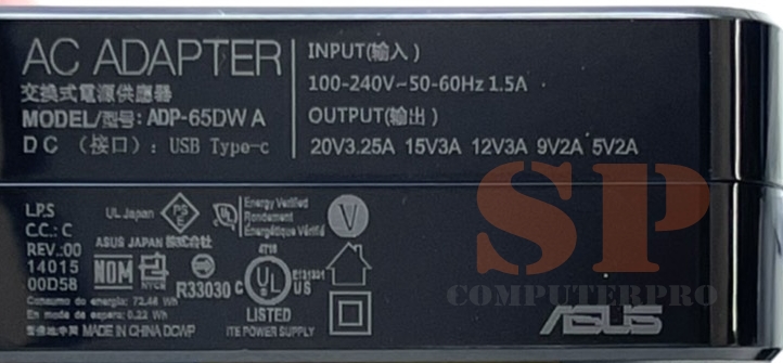 ASUS ADAPTER อแดปเตอร์ของแท้ ASUS Q325 Q325U Q325UA ASUS ZENBOOK 3 UX390UA :DELL XPS 12 HP spectre 13: 20V 3.25A / 15V 3A / 9V 3A / 5V 2A 65W