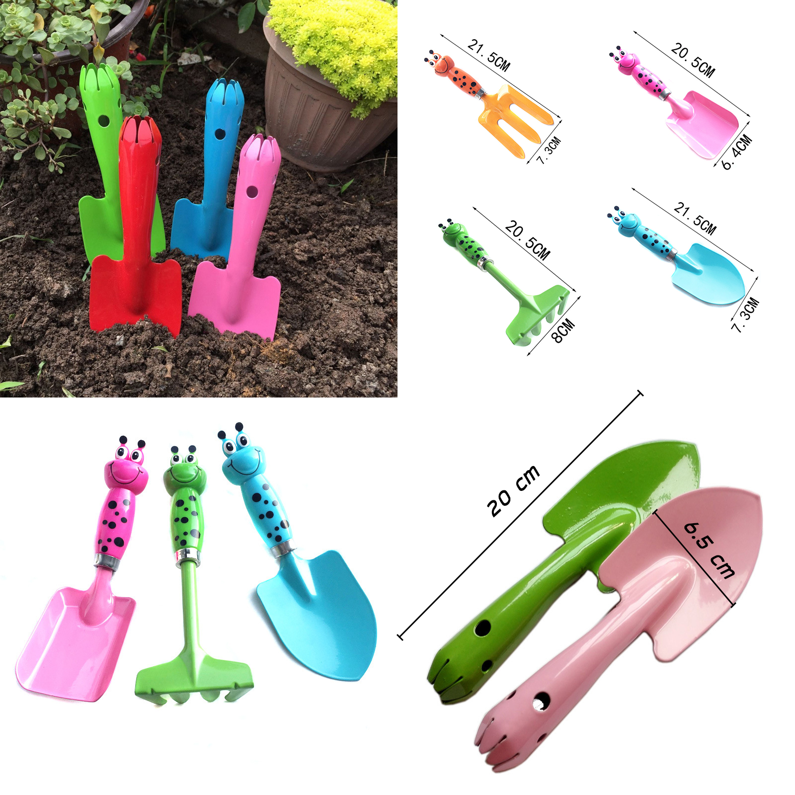 เครื่องมือเพาะปลูก เหล็กเคลือบ ขนาดเล็ก มีหลายแบบ พรั่ว สามง่าม ลวดลาย สีสันสวยงาม