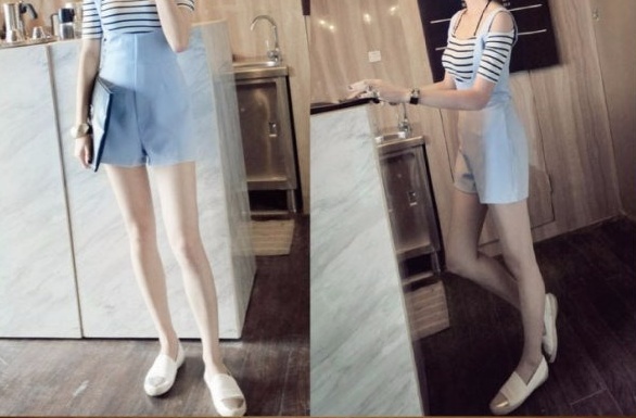 เสื้อลายริ้ว ผ้านิ่มยืดหยุ่น เนื้อลื่นๆ ชุดเอี๊ยมผ้าไม่ยืด มีซิปด้านหลัง