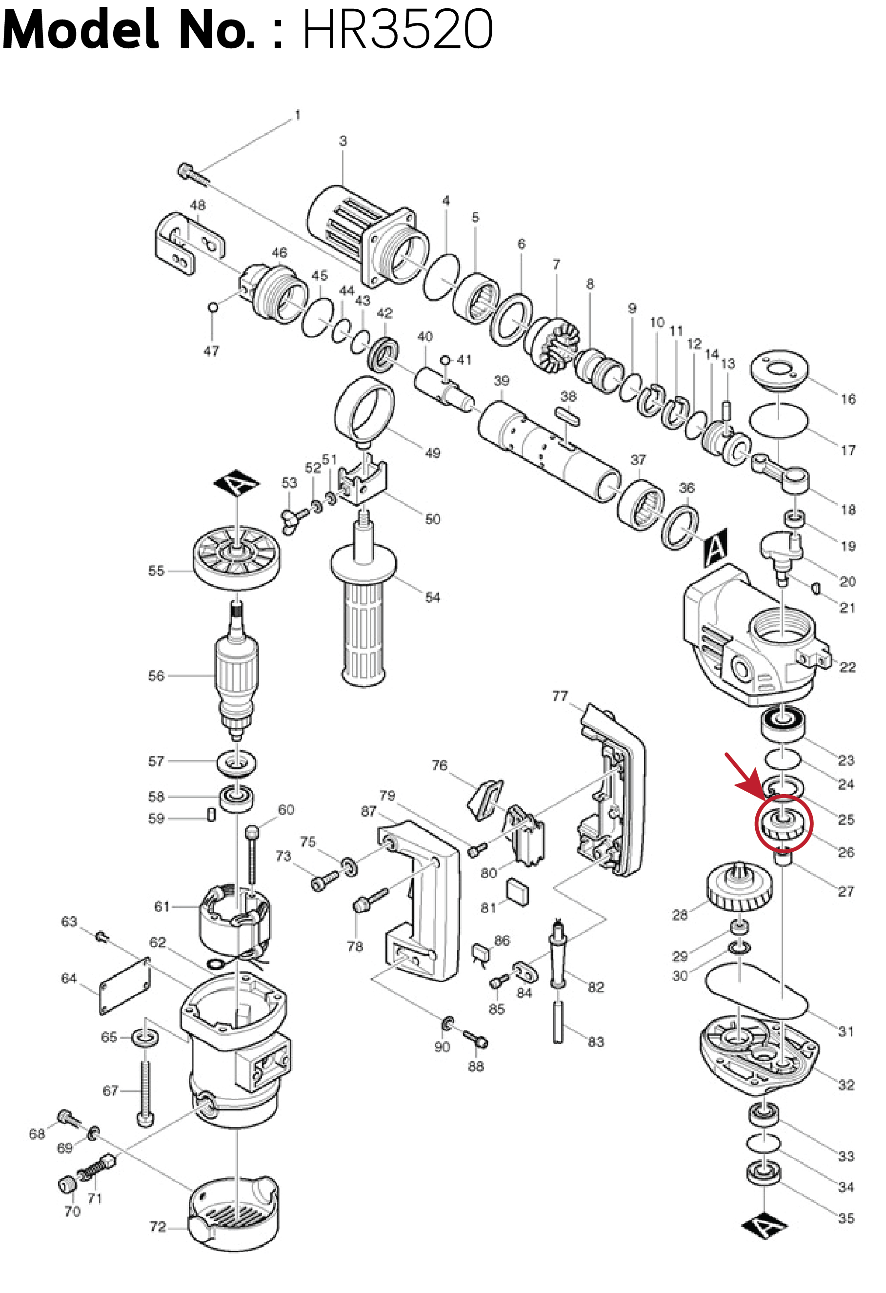 เฟืองเล็ก (แท้) สว่านโรตารี่ Makita มากีต้า รุ่น HR3520 #26, HR3520B #25, HR3500 #26 (221676-2) (อะไหล่แท้100%) GEAR เฟือง36