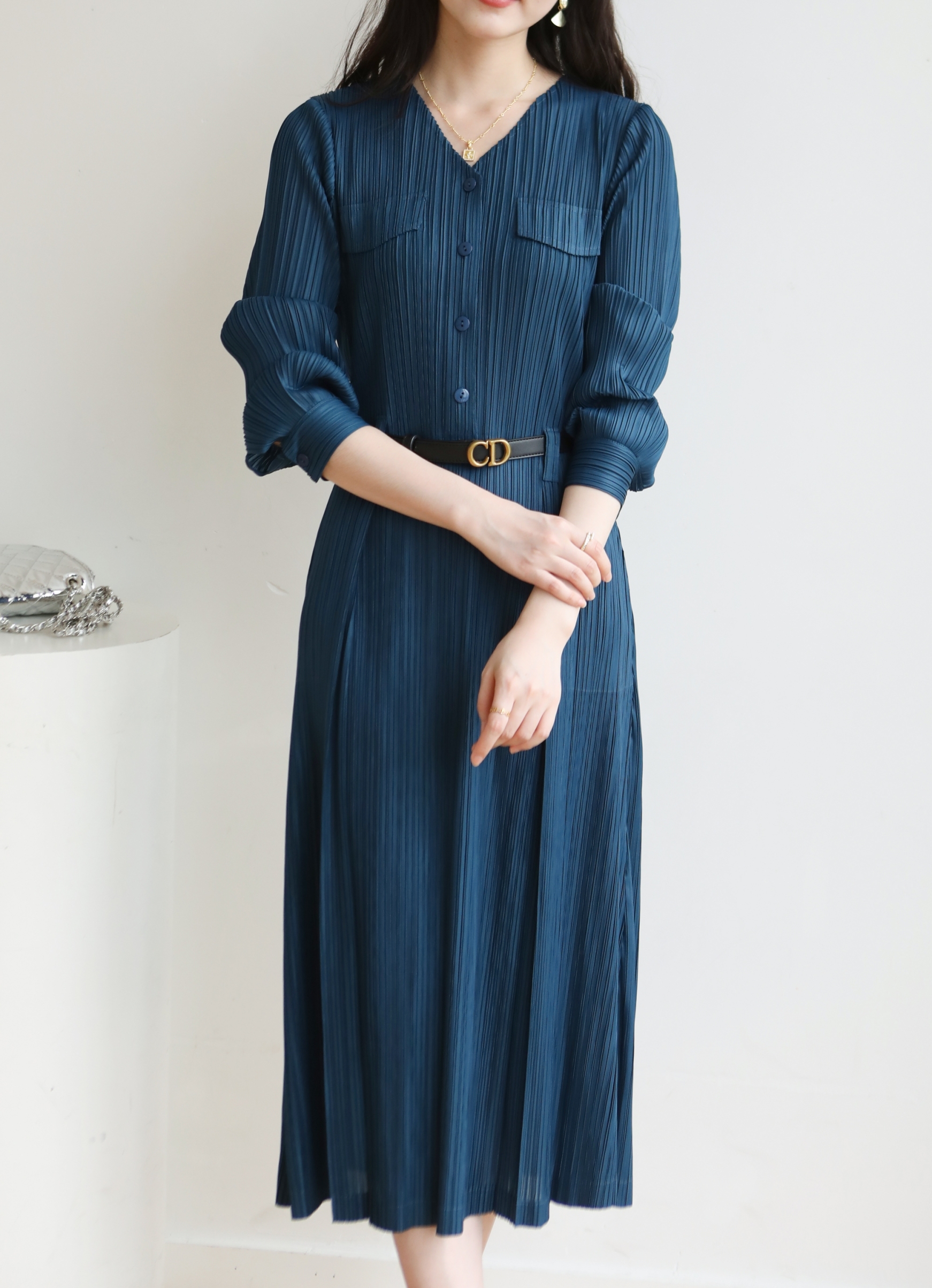 2MUAY รุ่น GJO1135 เดรสพลีทคุณภาพ V NECK LONG SLEEVE PLEATED DRESS 8 สี FREE SIZE