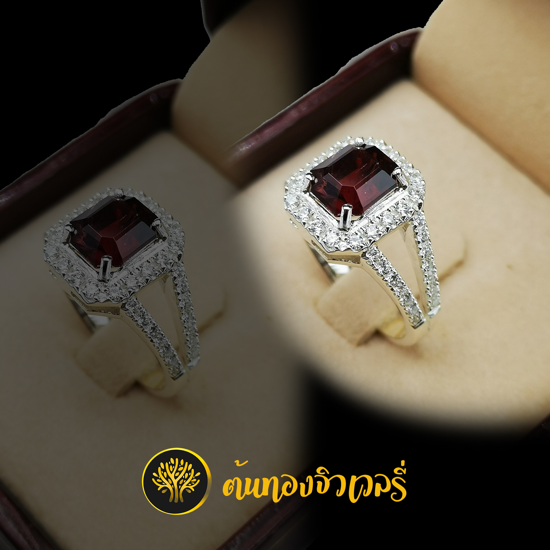 แหวนเงิน พลอยโกเมน ทรงสี่เหลี่ยม ล้อมเพชร บ่าก้าน ชูพลอยเด่นมากๆครับ