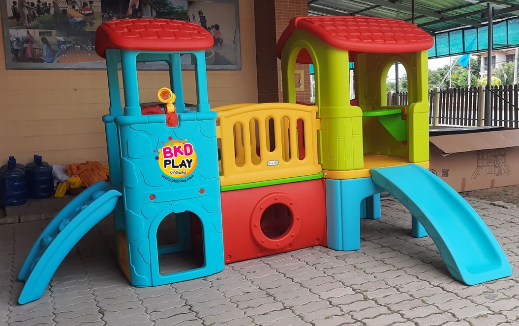 บ้านเด็กวินเทจ สีพาสเทล, สไลเดอร์พร้อมปีนป่าย บ้านสไลเดอร์ของเล่น บ้านน้อยสองชั้น กระดานลื่นพลาสติก,บ้านมีสไลเดอร์ , เครื่องเล่นสนาม พร้อมส่ง