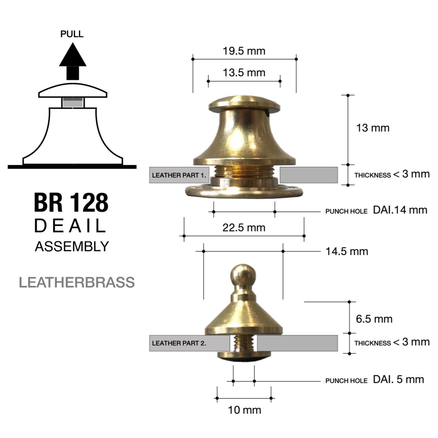 BR128 อะไหล่กระดุมล็อค(ญี่ปุ่น) ฝากระเป๋า เนื้อทองเหลืองแท้ อะไหล่กระเป๋า *ราคาต่อชิ้น* leatherbrass