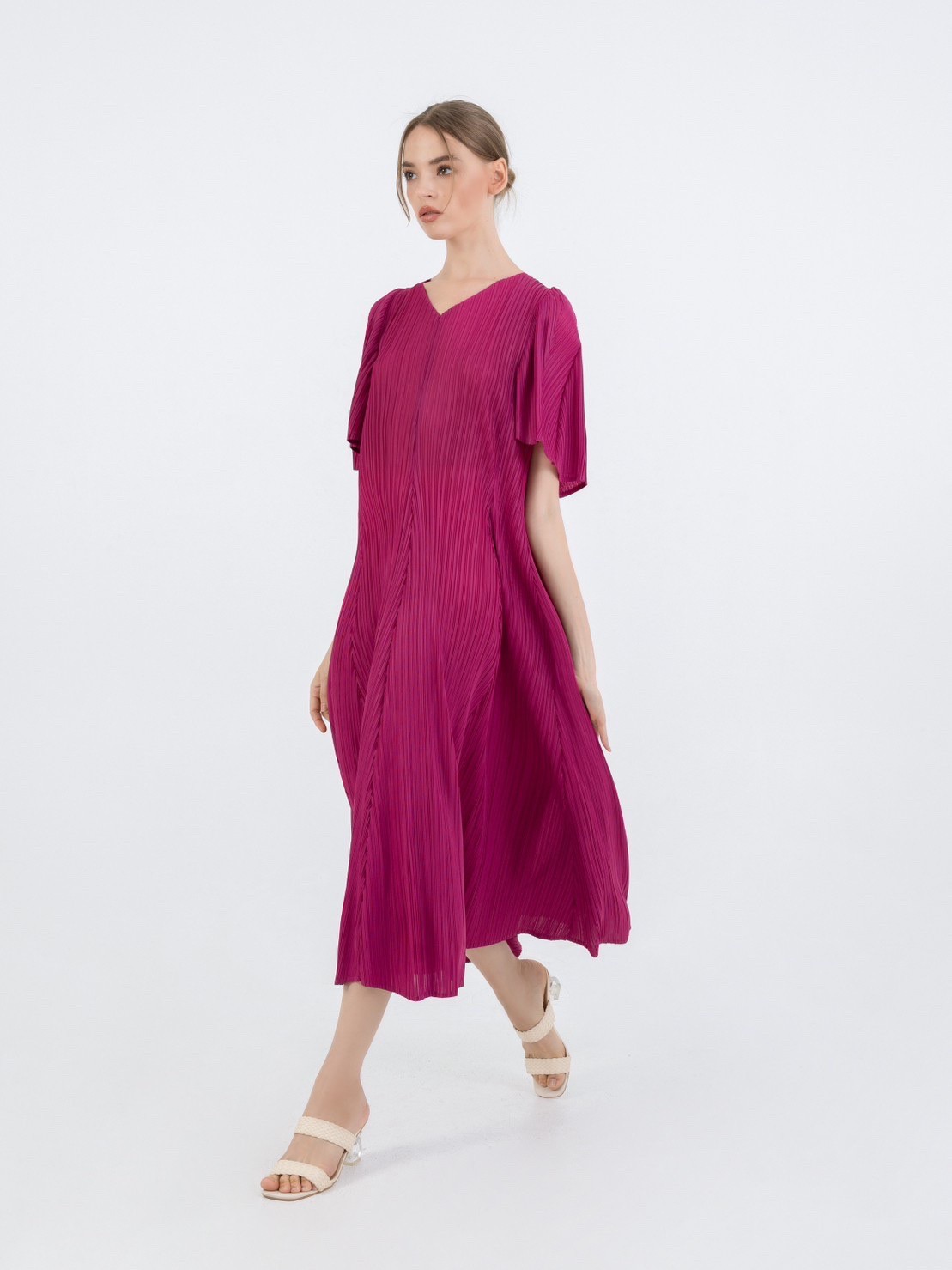 2MUAY รุ่น GJO3653 เดรสผู้หญิง เดรสพลีทคุณภาพ 10สี FREE SIZE V NECK FLARE SLEEVE PLEATED DRESS