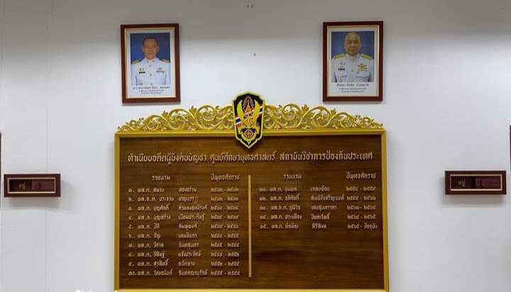 ป้ายทำเนียบรายนาม ขนาด 95x160ซม. พื้นหน้าไม้สัก ติดอักษรอะคริลิคตัวนูน พ่นทองพร้อมโลโก้ด้านบน ตกแต่งด้วยกระจังลายไทย