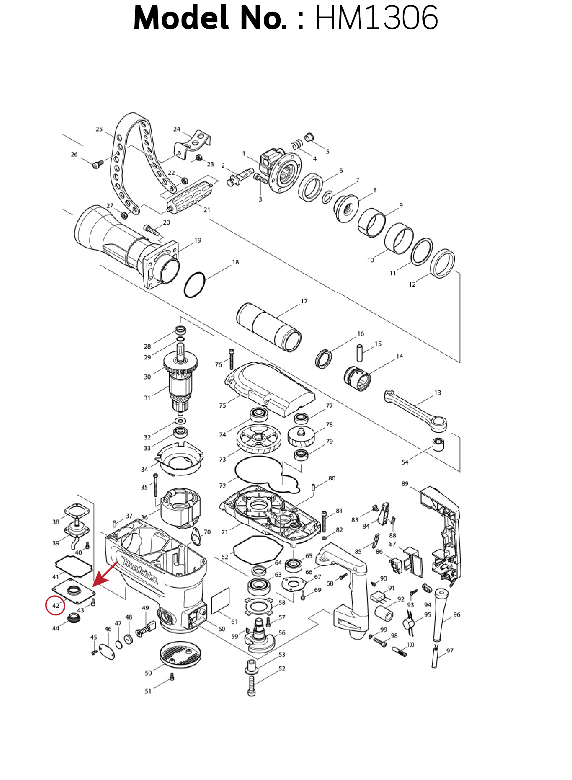 ฝาปิดน้ำมัน ฝาตาแมว (แท้) สกัด Makita มากีต้า รุ่น HM1306 #42 (158538-0) (อะไหล่แท้ 100%) OIL TANK COVER COMPLETE