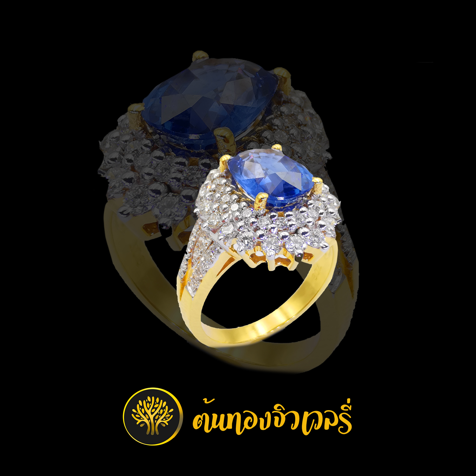 แหวนพลอยไพลิน ล้อมเพชร ทรงดอกไม้ ก้านฝังเพชร สวยเวอร์ๆเลยครับ
