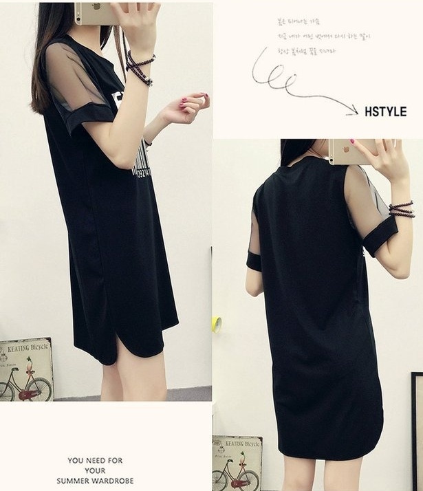 เดรสแฟชั่น แขนซีทรู ลายตามแบบ สีดำ