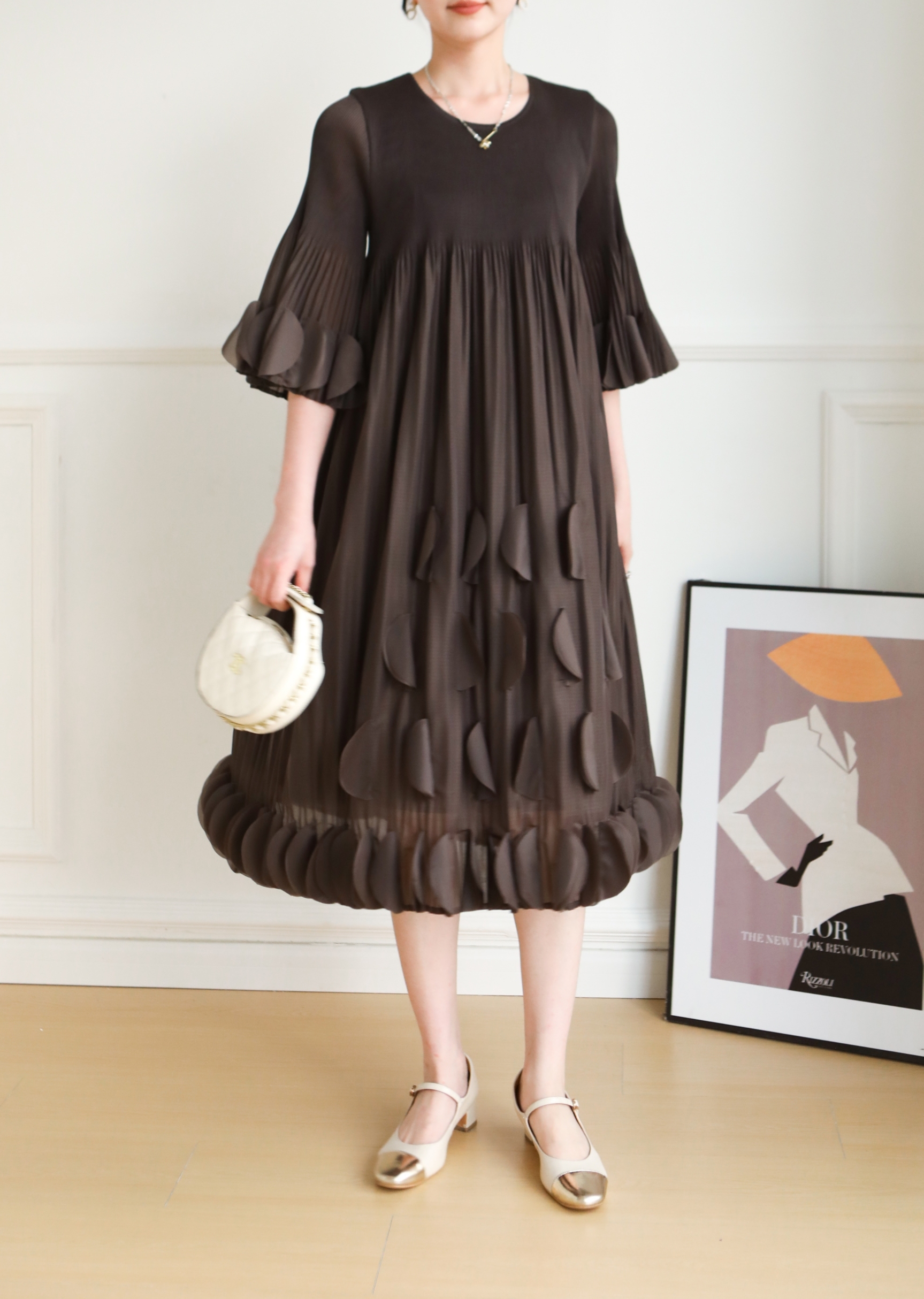2MUAY รุ่น GJO9015 เดรสพลีทคุณภาพ FLARE SLEEVE PLEATED DRESS 4 สี FREE SIZE