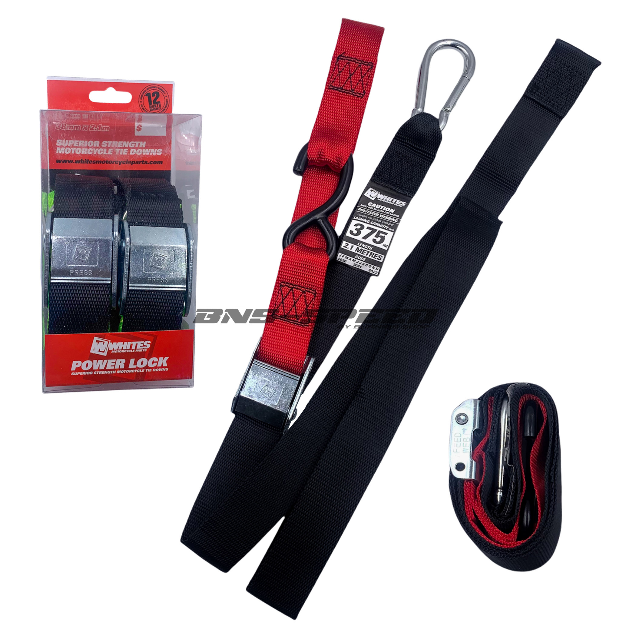 เชือกมัดรถ Whites tie down 38mm ดำ/แดง