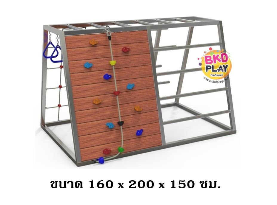 เครื่องเล่นสนามไม้+โครงสแตนเลส เกรด304 ไต่หน้าผา ปีนตาข่าย ไต่บันได ห่วงโหน รุ่น BKDPLAY-S-01 ไม้เนื้อแข็ง ผลิตในไทย ใช้สแตนเลสไม่เป็นสนิม เครื่องเล่นสนามกลางแจ้ง เครื่องเล่นสนามไม้ ปีนป่าย กายภาพบำบัด