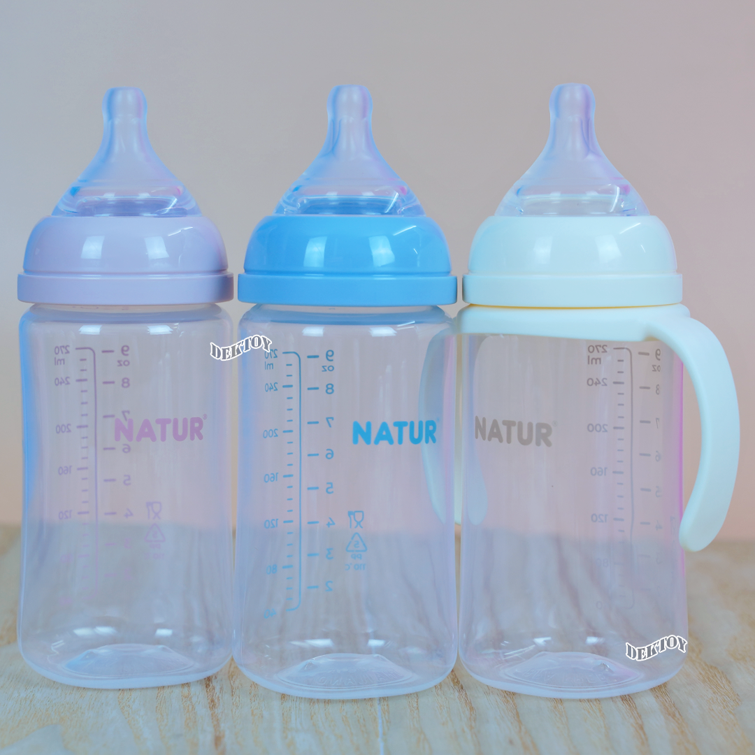 Natur infinit one size ขวดนมเนเจอร์อินฟินิท คอกว้าง PES สีชา และ PP 5 และ 9 ออนซ์ จุกนมไม่ดูดไม่ไหล 0-18 เดือน