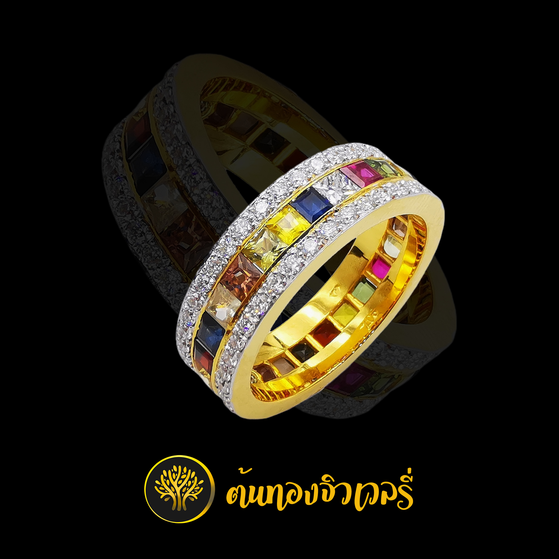 แหวนปลอกมีด พลอยนพเก้า เพชรล้อมรอบแหวน สีสันโดนใจใช่เลยครับ