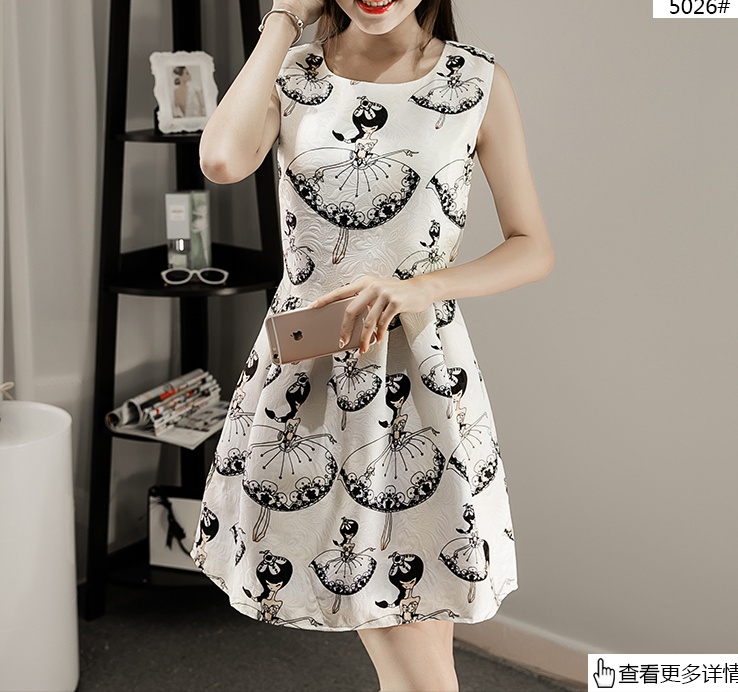 ชุดเดรสแขนกุด เอวจับจีบ ทรงพริ้นส์เซสสไตล์ยุโรป ลายสีขาว-เจ้าหญิง(ตามแบบ)